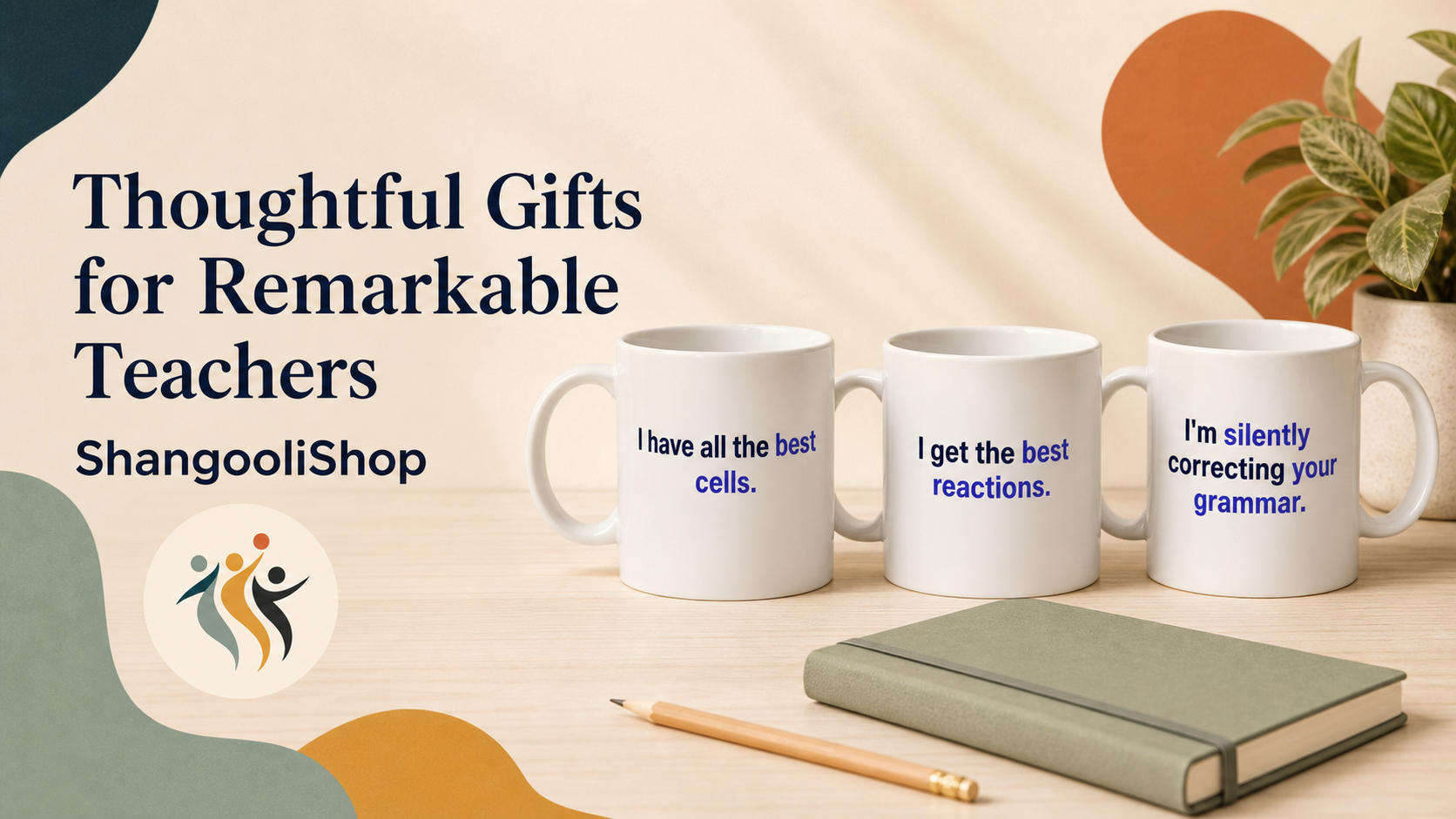 Three ShangooliShop teacher mugs displayed on a warm desk